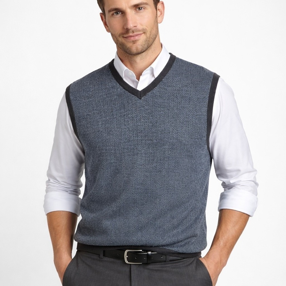 J Alford Merino Wool Chevron Knit Vest Mens XL Blue Gray Preppy Academia Vtg Y2K